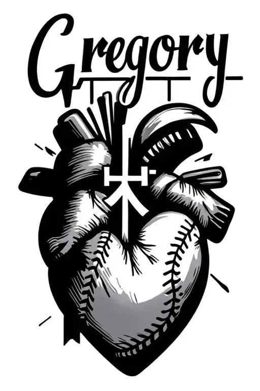last name Gregory with a cross heartbeat line and a heart with baseball stitches tattoo design idea