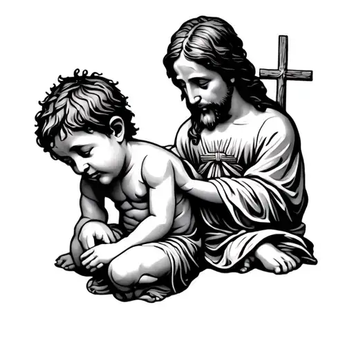 a boy child crying on his knees with jesus looking over him tattoo design idea