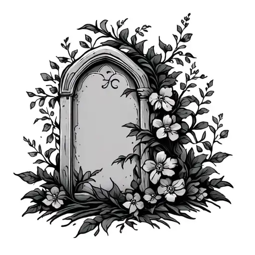 tombstone with vines and flowers wrapped tattoo design idea
