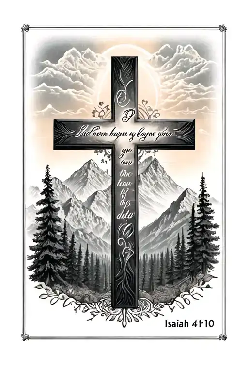 cross with Isaiah 41:10 written inside surround by mountains and trees tattoo design idea