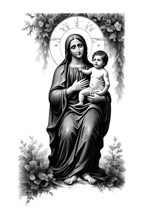 Virgin Mary holding baby Jesus tattoo design idea