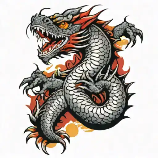 grayish black dragon, with yellow underbody scales, and red spikes, with a koi fish swimming upriver towards the forearm tattoo design idea