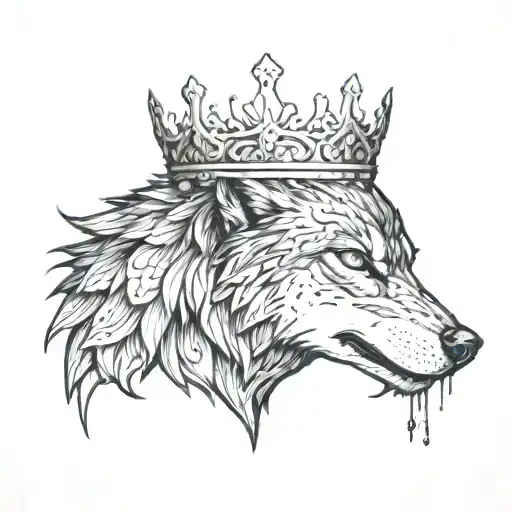 A tattoo design of a wolf wearing a crown, symbolizing the balance of power and leadership in both the animal kingdom and politics tattoo design idea