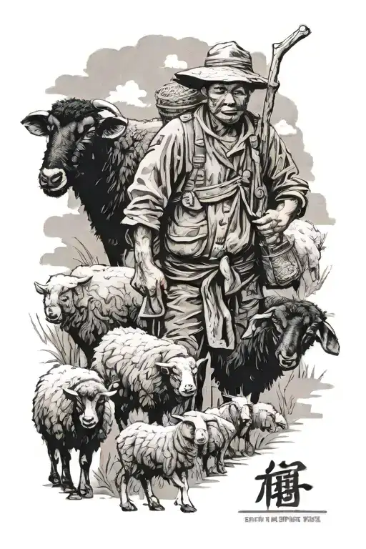 Chinese farmer with black sheep infront tattoo design idea