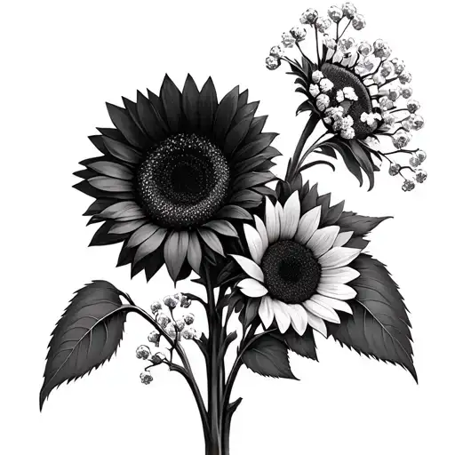 a bouquet of sunflowers with gypsophila tattoo design idea