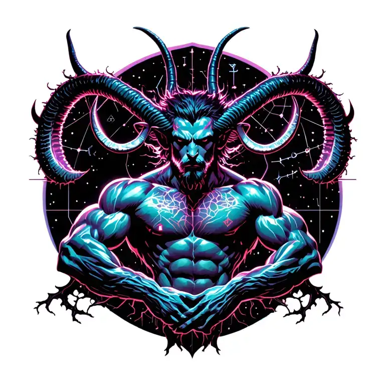 sexy gay male horned satyr with massive bodybuilder muscles flex. cyber tree roots, vines and constellations tattoo design idea