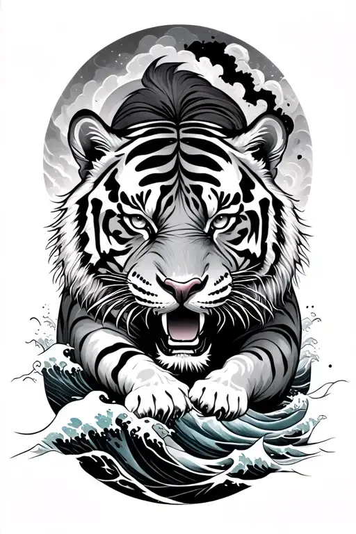 japanese Bengal tiger fighting surrounded by waves tattoo design idea