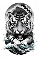 japanese Bengal tiger fighting surrounded by waves tattoo design idea