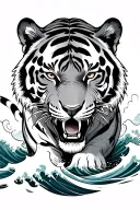 japanese Bengal tiger fighting surrounded by waves tattoo design idea