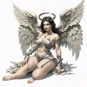 Sexy Angel, pale skin, Big breasts, Wide Hips, Angel wings, Halo, G-String, Revealing bra, Sexual, Full Body view  tattoo design idea