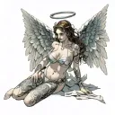 Sexy Angel, pale skin, Big breasts, Wide Hips, Angel wings, Halo, G-String, Revealing bra, Sexual, Full Body view  tattoo design idea