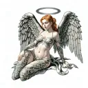 Sexy Angel, pale skin, Big breasts, Wide Hips, Angel wings, Halo, G-String, Revealing bra, Sexual, Full Body view  tattoo design idea