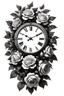 stone roman numerals roses vines growing clock tattoo design idea