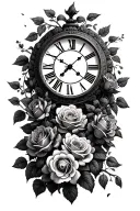 stone roman numerals roses vines growing clock tattoo design idea