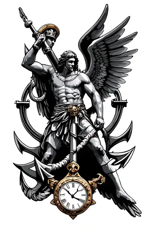 rome with warrior and anchor and wings and clock and anchor tattoo design idea