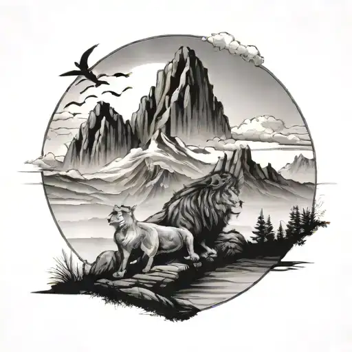 mountains with 3 crosses lion king quote in sky tattoo design idea