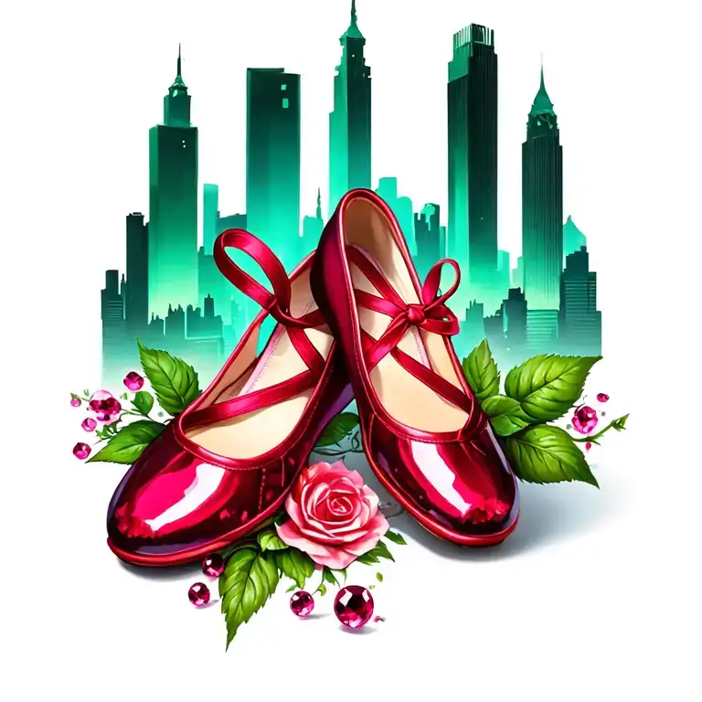 two ruby ballet slippers with emerald city in the background tattoo design idea