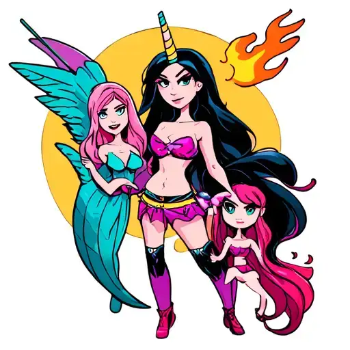 Lady Ranicorn Band around arm holding fin, Jake, Princess bubblegum, Marceline, peppermint butler, bmo, flame princess tattoo design idea