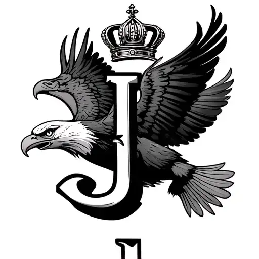 eagle  flying up and holdings with his garra letter J an the letter have the crown and the eagle are with its wings open tattoo design idea