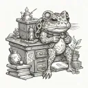 The toad sits on a chest of gold, and in her paws she holds an abacus and a notebook, next to her stands a hamster, who protects her and the goods tattoo design idea
