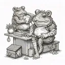 The toad sits on a chest of gold, and in her paws she holds an abacus and a notebook, next to her stands a hamster, who protects her and the goods tattoo design idea