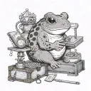 The toad sits on a chest of gold, and in her paws she holds an abacus and a notebook, next to her stands a hamster, who protects her and the goods tattoo design idea