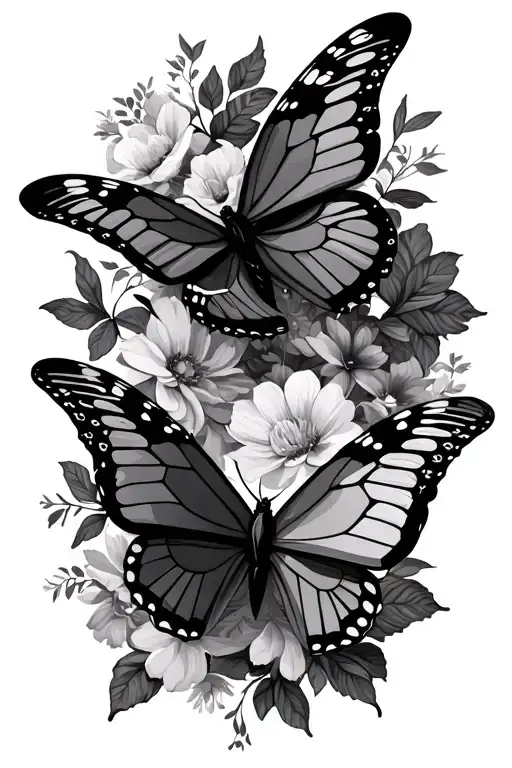 butterflys and doves with flowers and roman numerals tattoo design idea