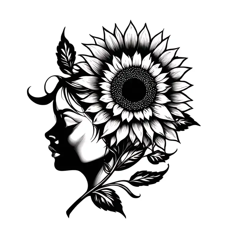 Sunflower flower with leaves in the shape of sunrays and a female face coming out with side face on one side of the flow tattoo design idea