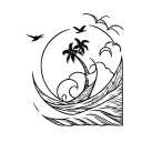 wave, sun with moon inside, palm tree and bird flying overhead  tattoo design idea