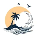 wave, sun with moon inside, palm tree and bird flying overhead  tattoo design idea