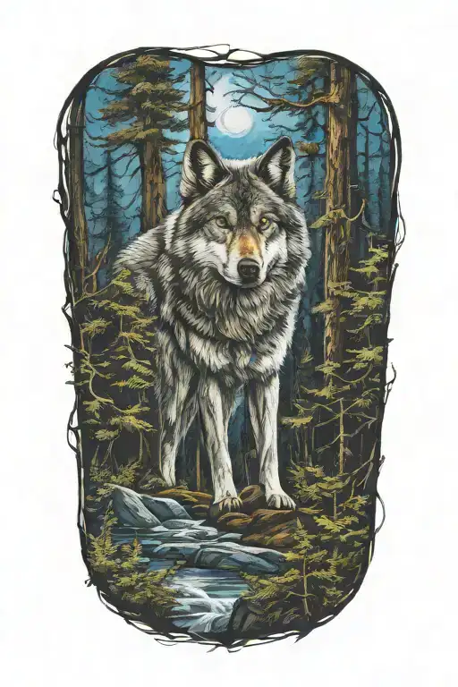 wolf blue eyes howling forest landscape tattoo design idea