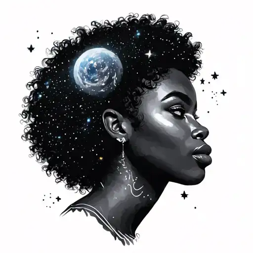 afrocentric female gemini twin with galaxies for hair with stars and constellations in the background  tattoo design idea