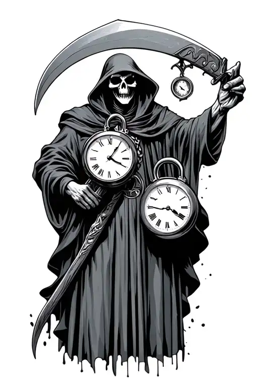grim reaper holding locked up clocks in one hand and his scythe in the other  tattoo design idea