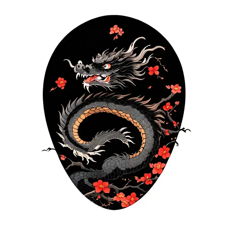 Japanese dragon with cherry tree and blossoms made in blackwork tattoo design idea