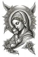 virgin mary holding baby jesus sun rising tattoo design idea