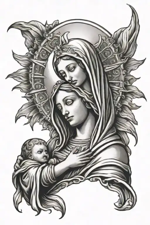 virgin mary holding baby jesus sun rising tattoo design idea