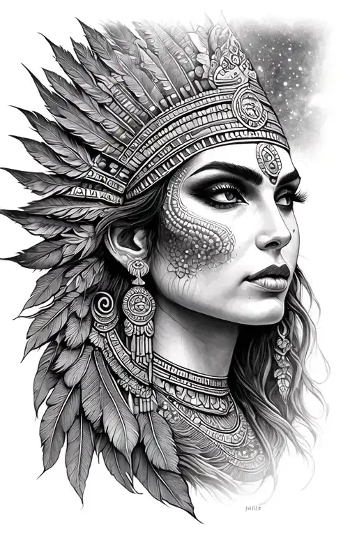 Black and Grey realism tattoo. Detailed portrait of **Awilix**, **majestic Mayan Moon Goddess**. Elaborate **feathered h tattoo design idea