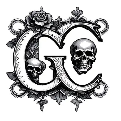 initial G and C with skulls and hearts in old English  tattoo design idea