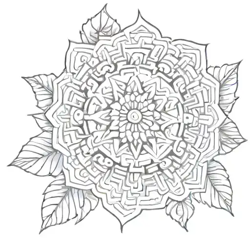 tribal marigold flower with Aztec calendar behind it tattoo design idea