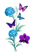 a blue hydrangea, a purple orchid and 3 butterflies tattoo design idea