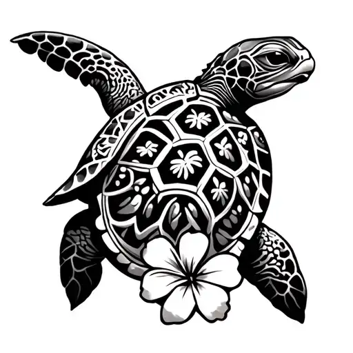 a tribal hawaii turtle with a wave and a plumeria in color, but also stippling tattoo design idea