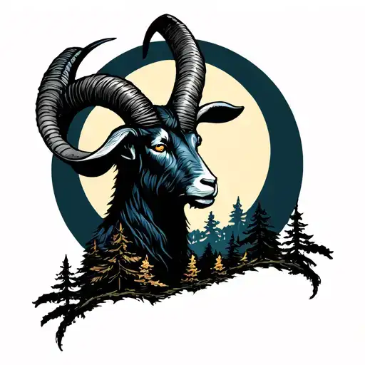 a highly detailed arm sleeve tattoo with an evil black phillip the goat who's horns shape the moon, with trees tattoo design idea