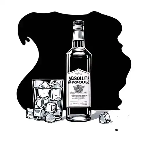 Absolute vodka bottle & Glass filled with vodka & three Ice. Simple, gothic vibes tattoo design idea