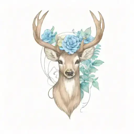 deer antler with august, january, february, and december birth flowere wrapped around it tattoo design idea