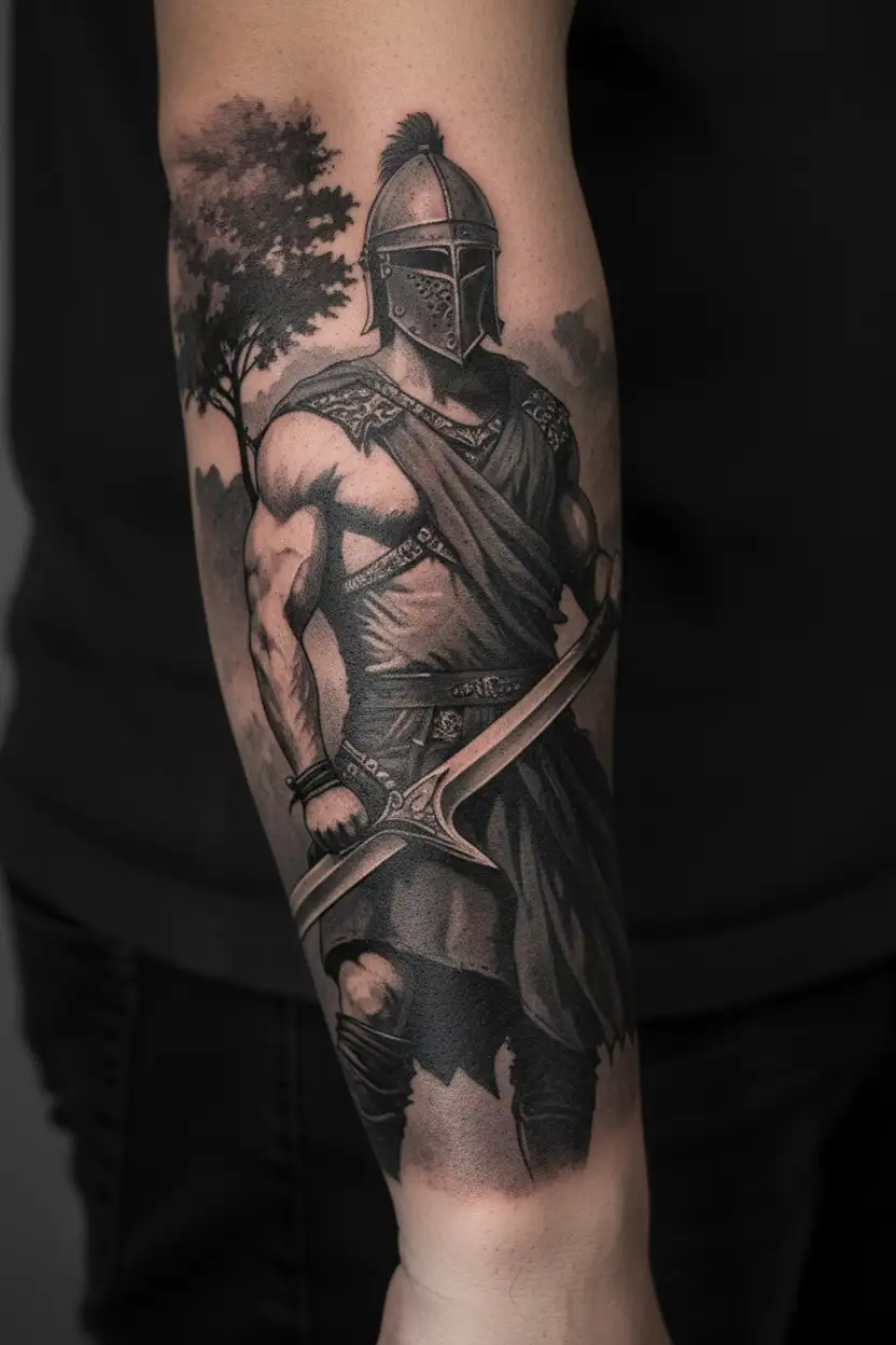 Sicilian warrior, muscular, wielding his sword, with a closed full face medieval helmet  tattoo design idea