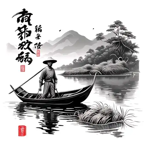 Asian farmer boat ricefield tattoo design idea