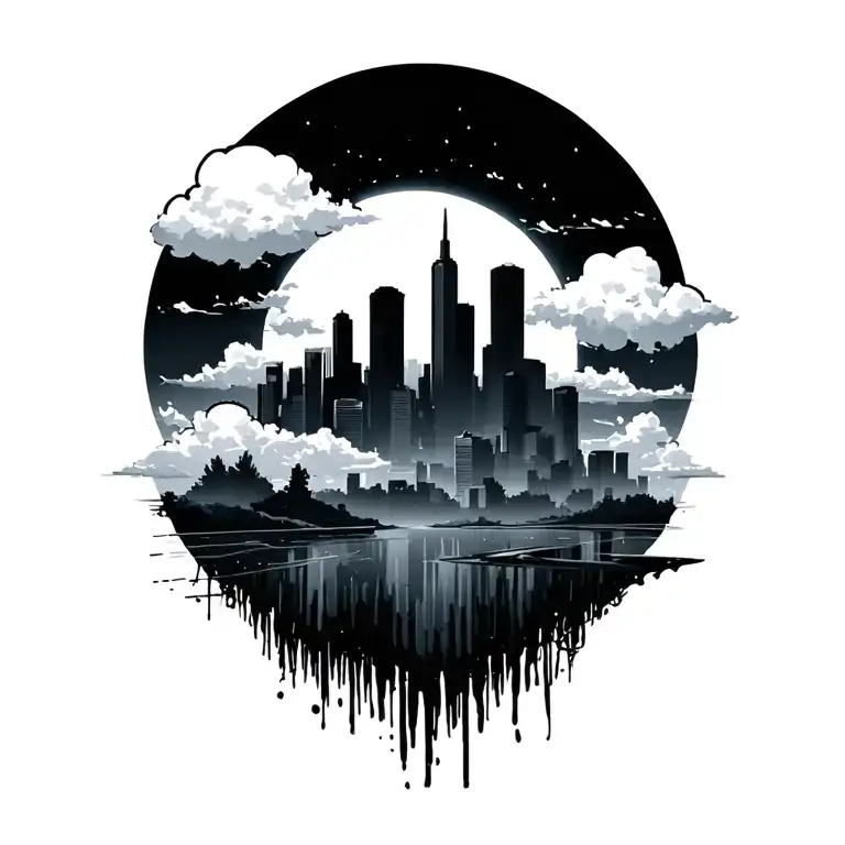 skyline with sun and clouds tattoo design idea