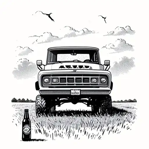 Vintage 4x4 truck driving through a field with a beer bottle in the foreground tattoo design idea