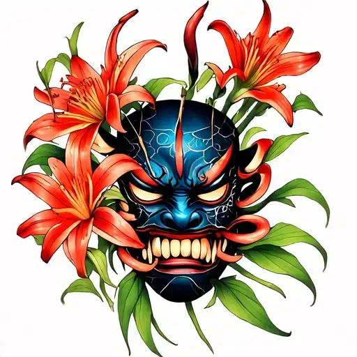 spider lilies growing around a withering, broken oni mask tattoo design idea