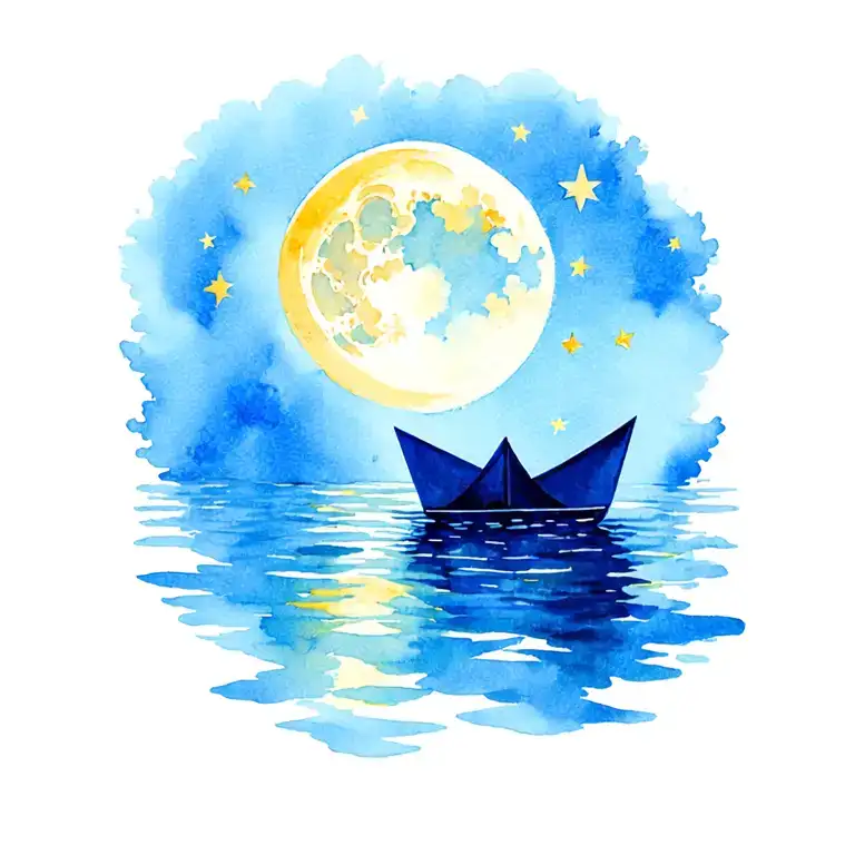 paper boat moon stars tattoo design idea